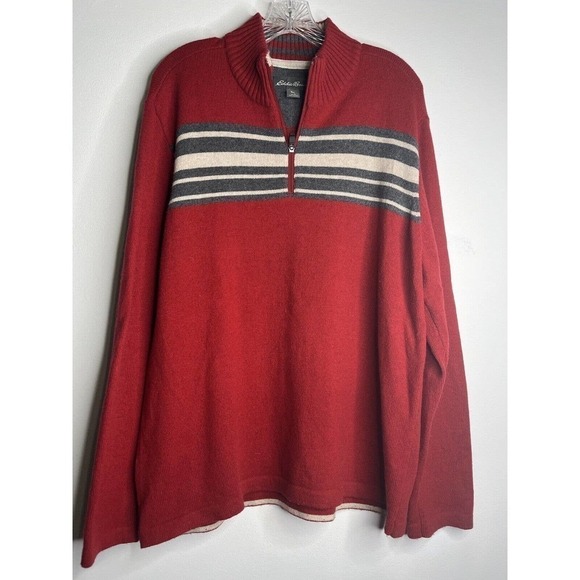 EDDIE Bauer Wool Blend Sweater 1/4 Zip up Large Red Stripes - Picture 3 of 9